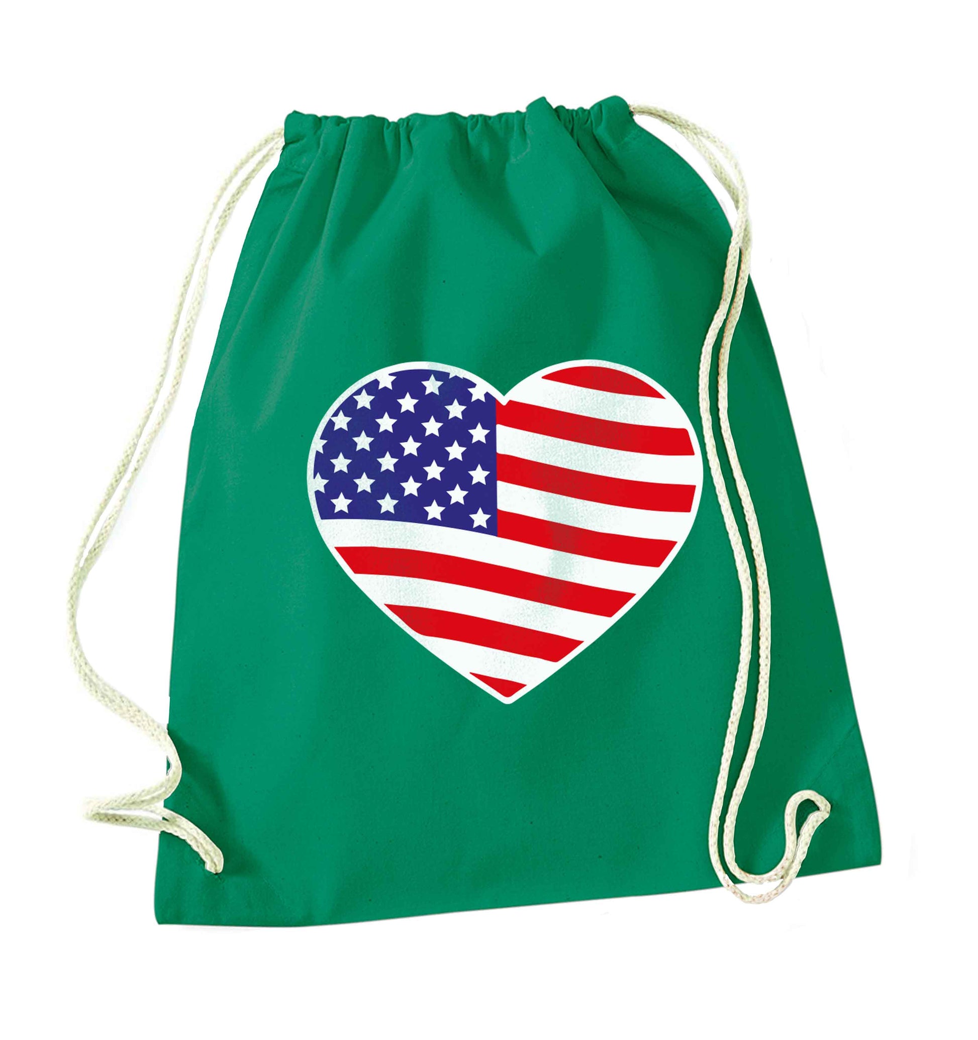 American USA Heart Flag green drawstring bag