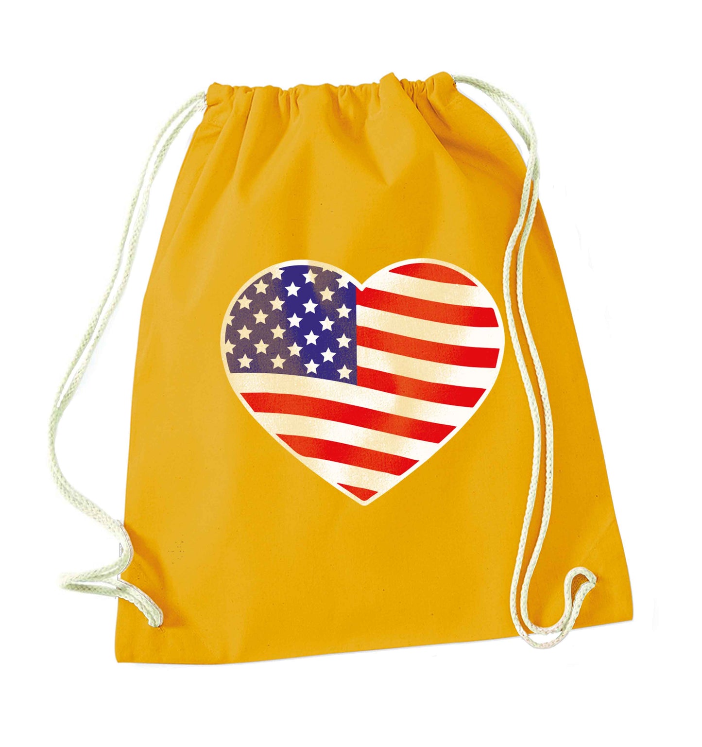 American USA Heart Flag mustard drawstring bag
