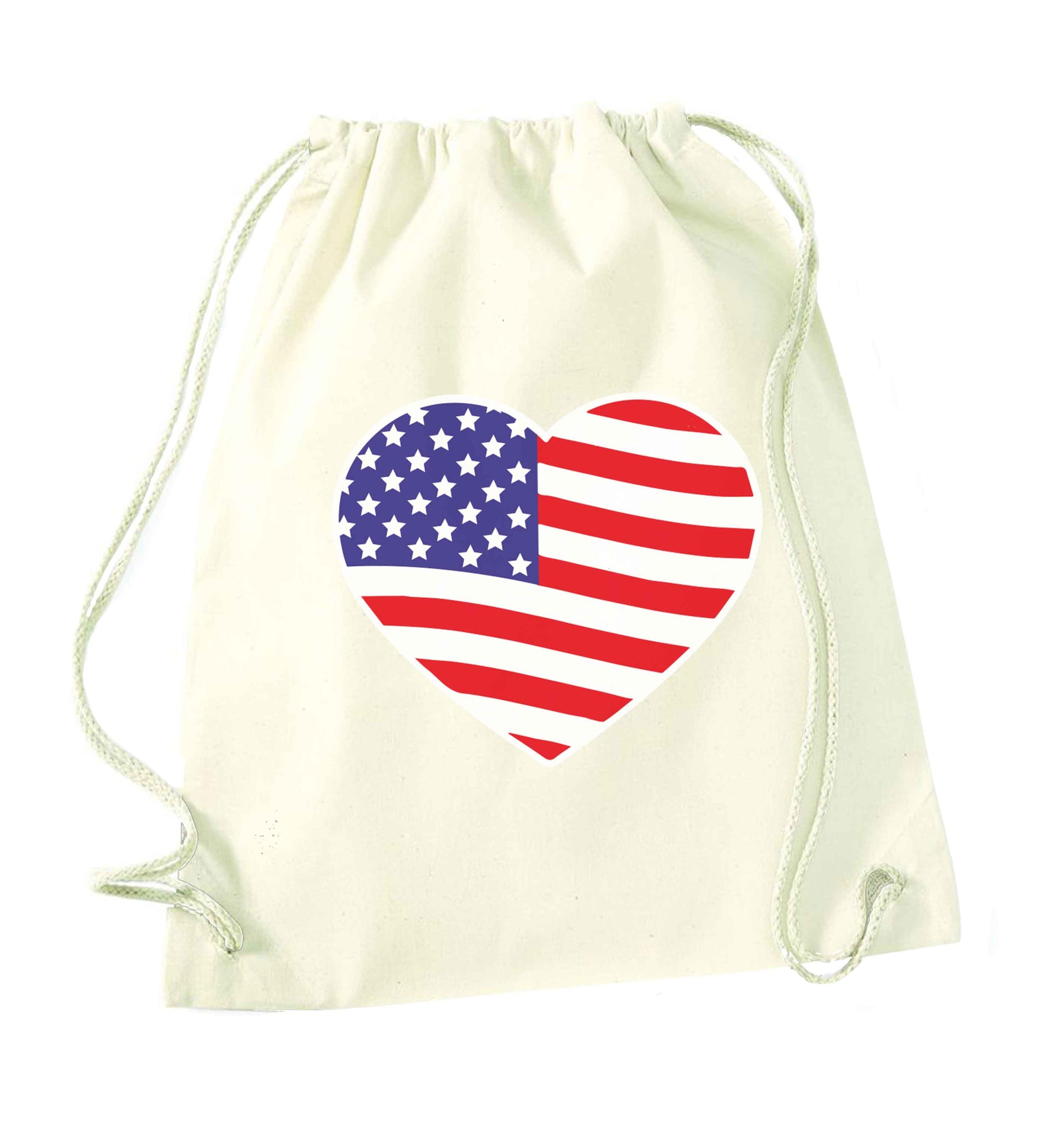 American USA Heart Flag natural drawstring bag