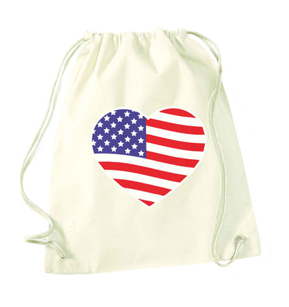 American USA Heart Flag natural drawstring bag