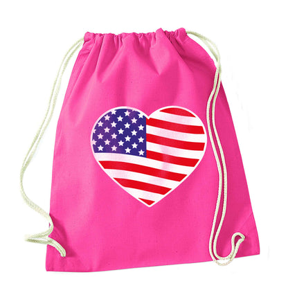 American USA Heart Flag pink drawstring bag