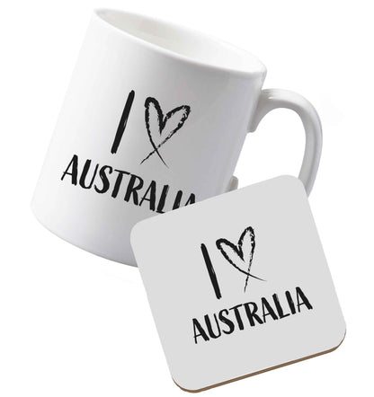 10 oz Ceramic mug and coaster I Love Australia both sides