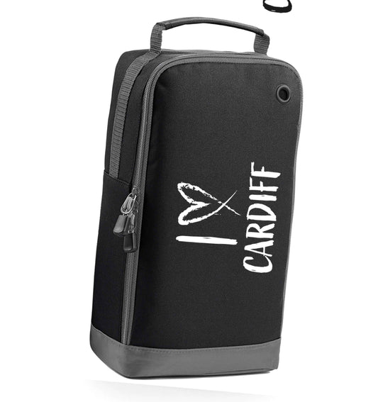 I love Cardiff black sports shoe bag horizontal print