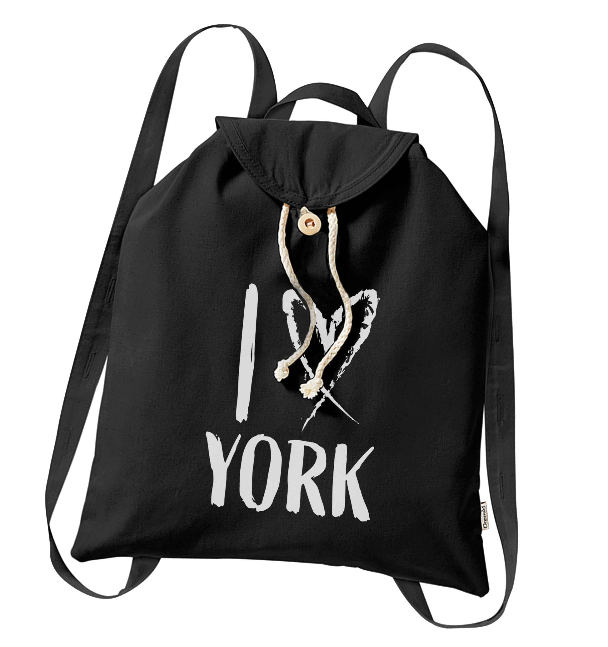 I love York organic cotton backpack tote with wooden buttons in black