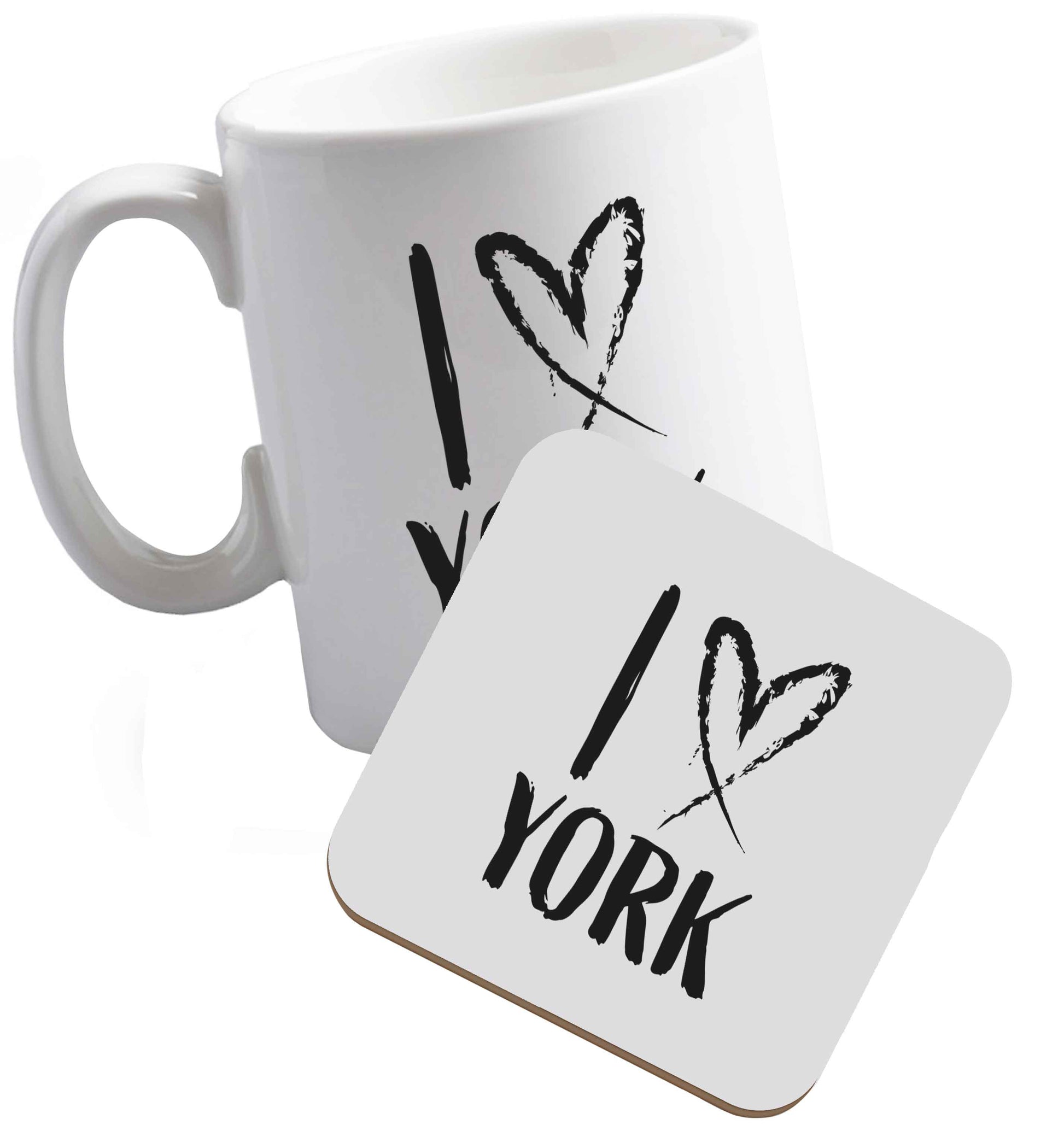 10 oz I love York ceramic mug and coaster set right handed