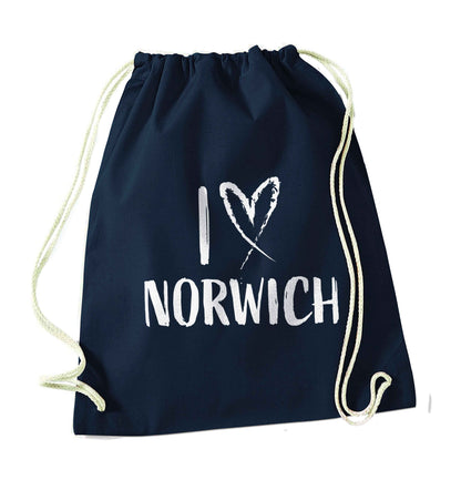 I love Norwich navy drawstring bag