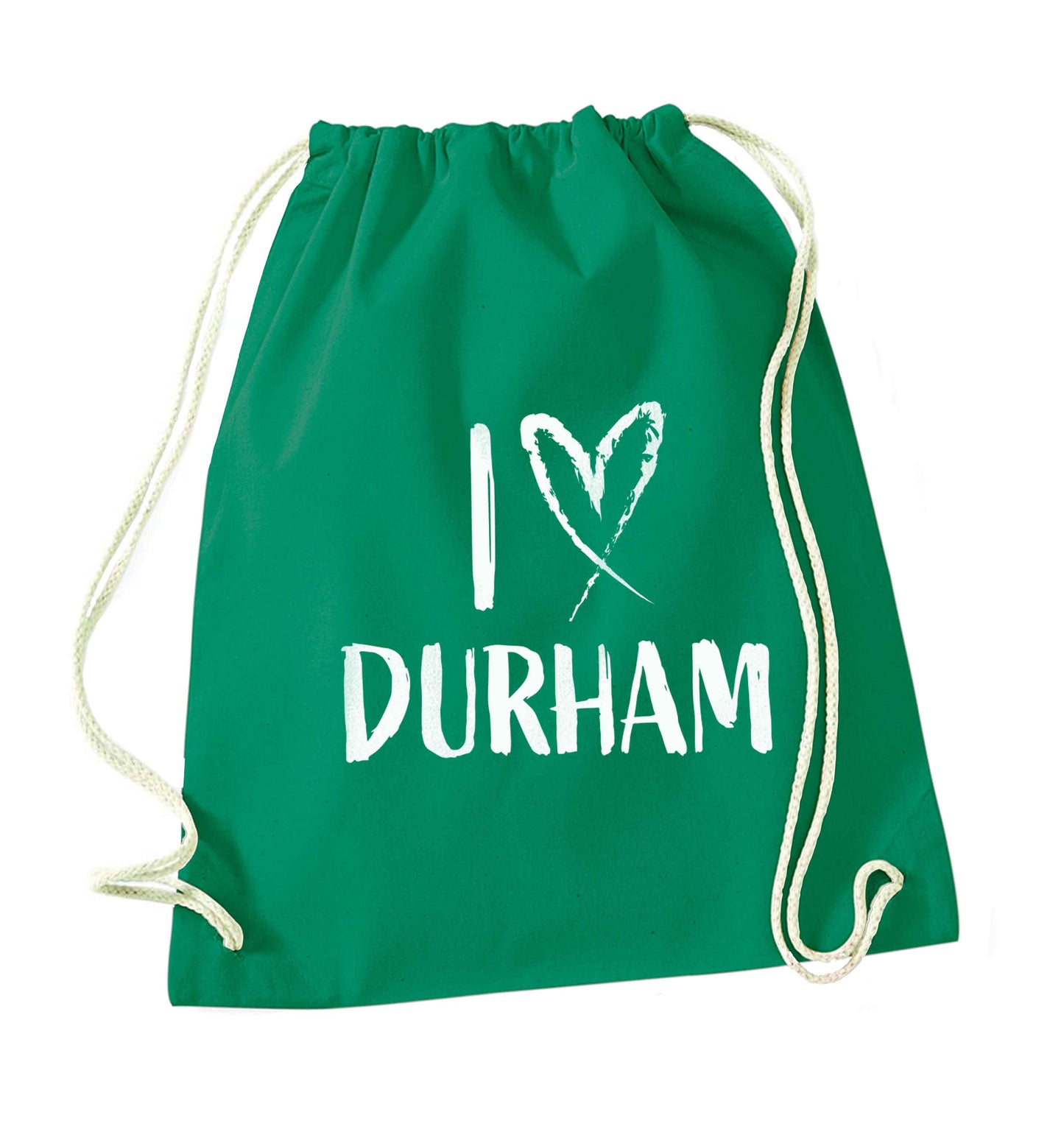 I love Durham green drawstring bag