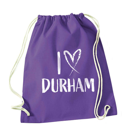 I love Durham purple drawstring bag