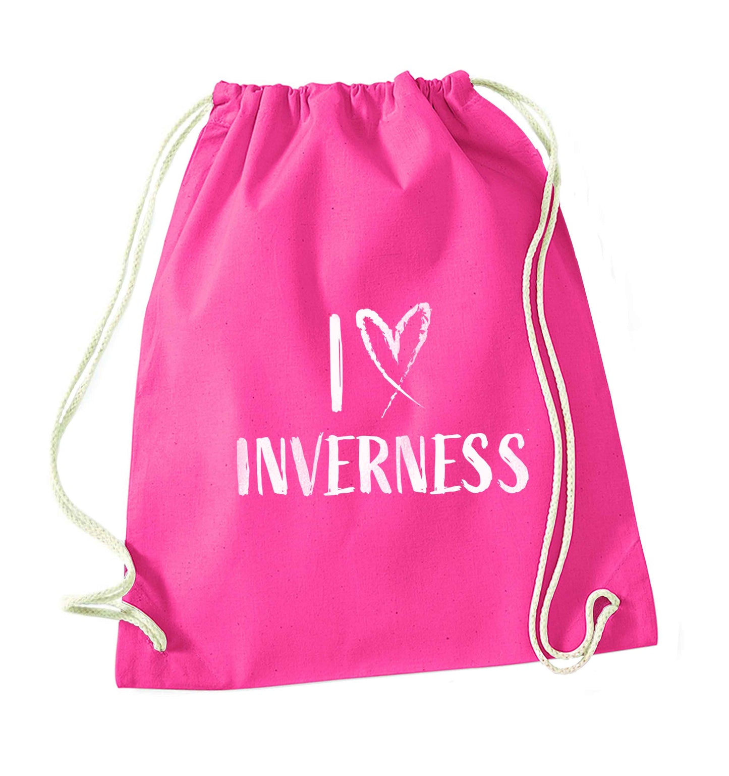 I love Inverness pink drawstring bag