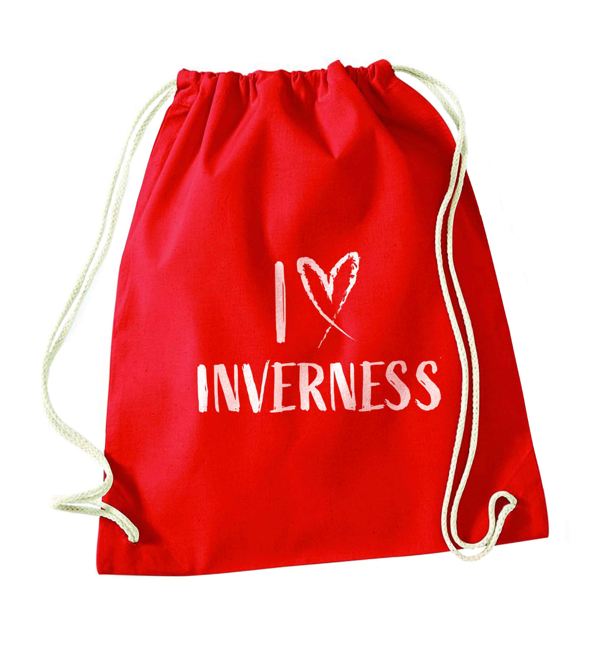 I love Inverness red drawstring bag 