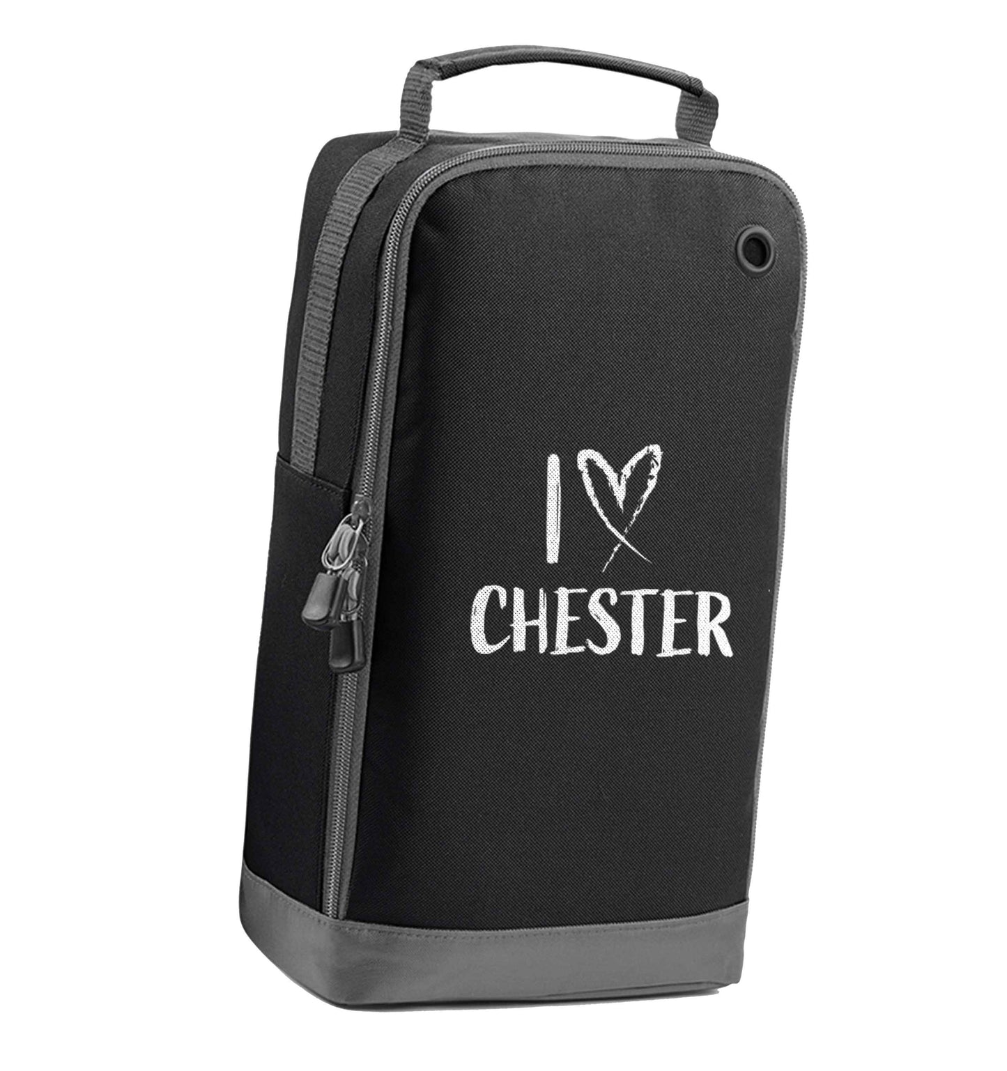 I love Chester black sports shoe bag vertical print