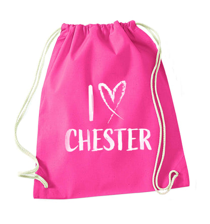 I love Chester pink drawstring bag