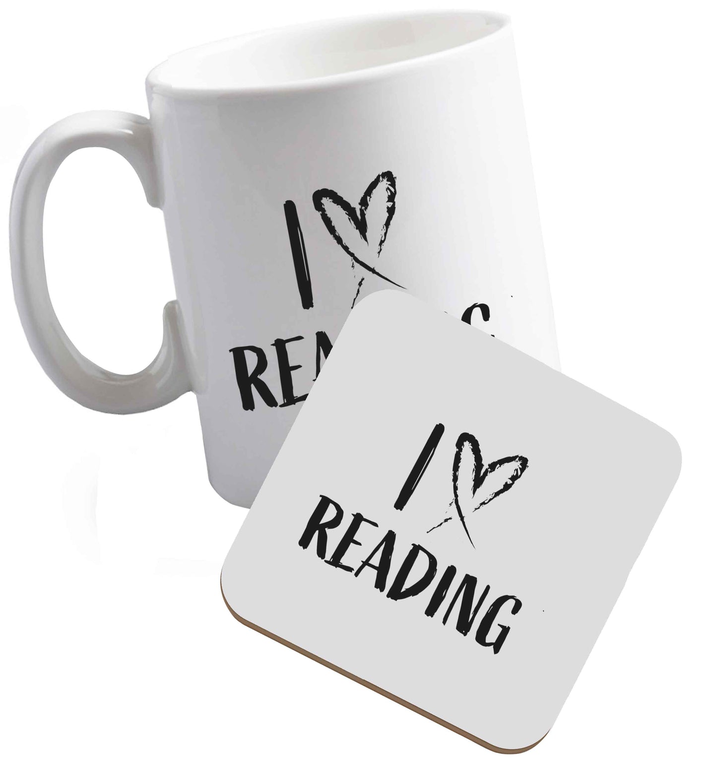 10 oz I love Reading ceramic mug and coaster set right handed