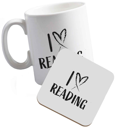 10 oz I love Reading ceramic mug and coaster set right handed