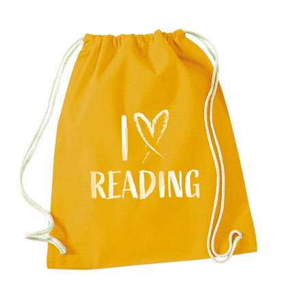 I love Reading mustard drawstring bag