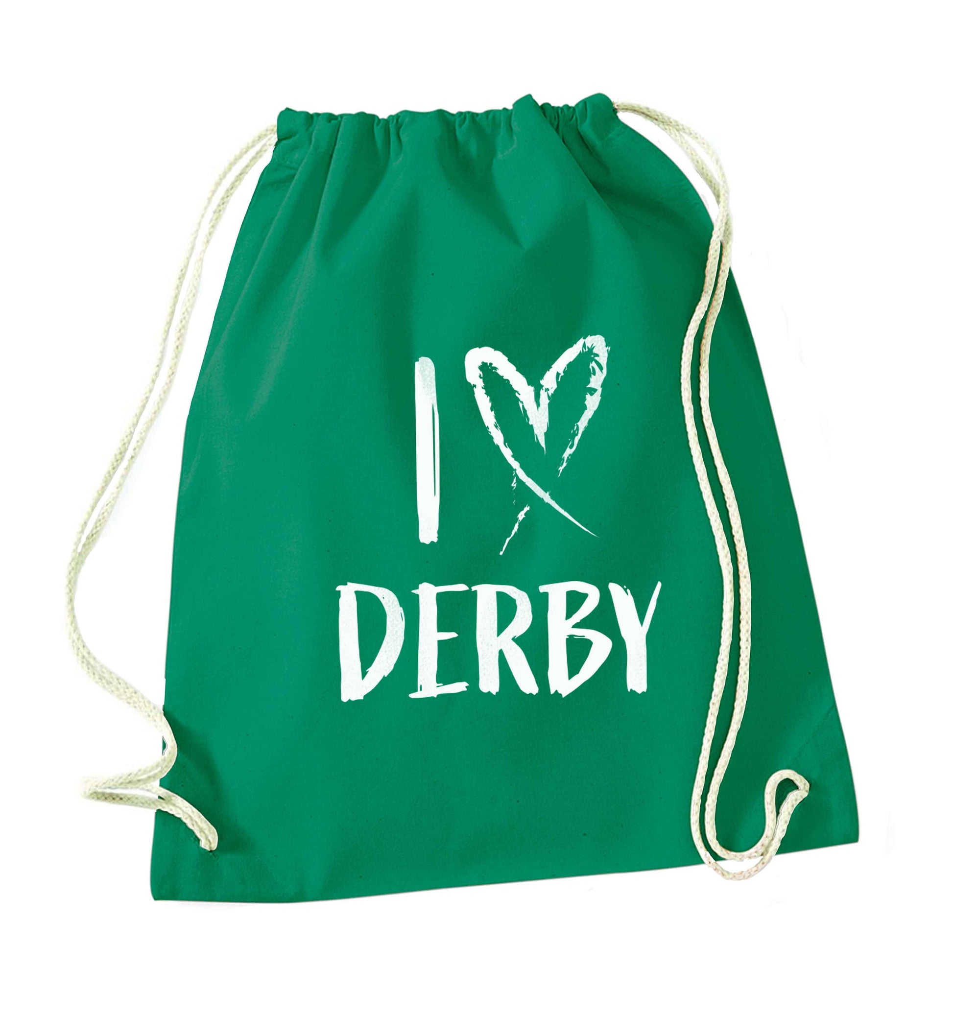 I love Derby green drawstring bag