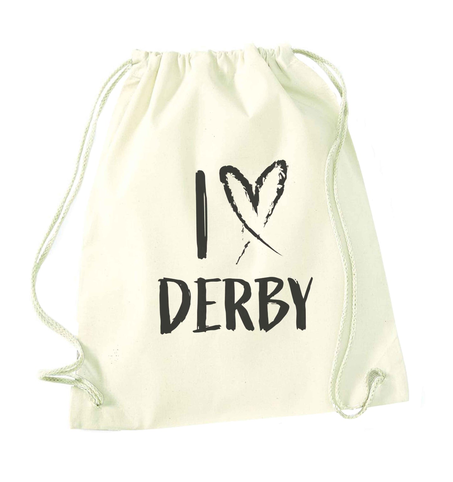 I love Derby natural drawstring bag