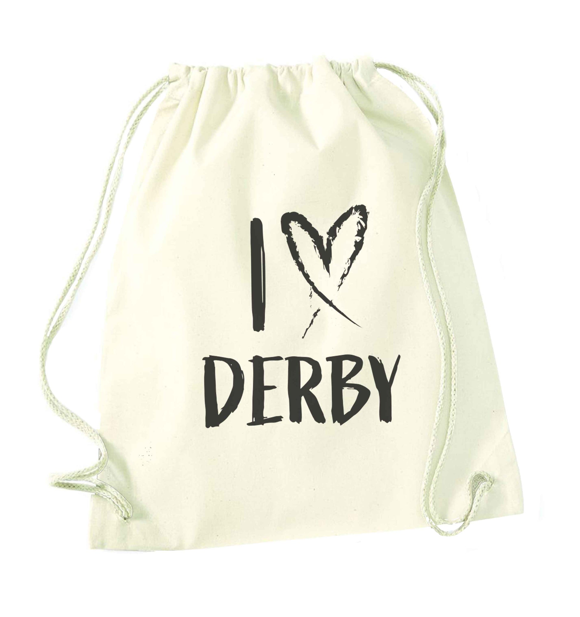 I love Derby natural drawstring bag
