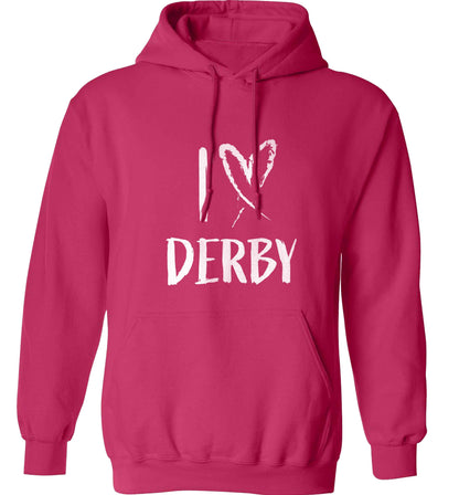 I love Derby adults unisex pink hoodie 2XL