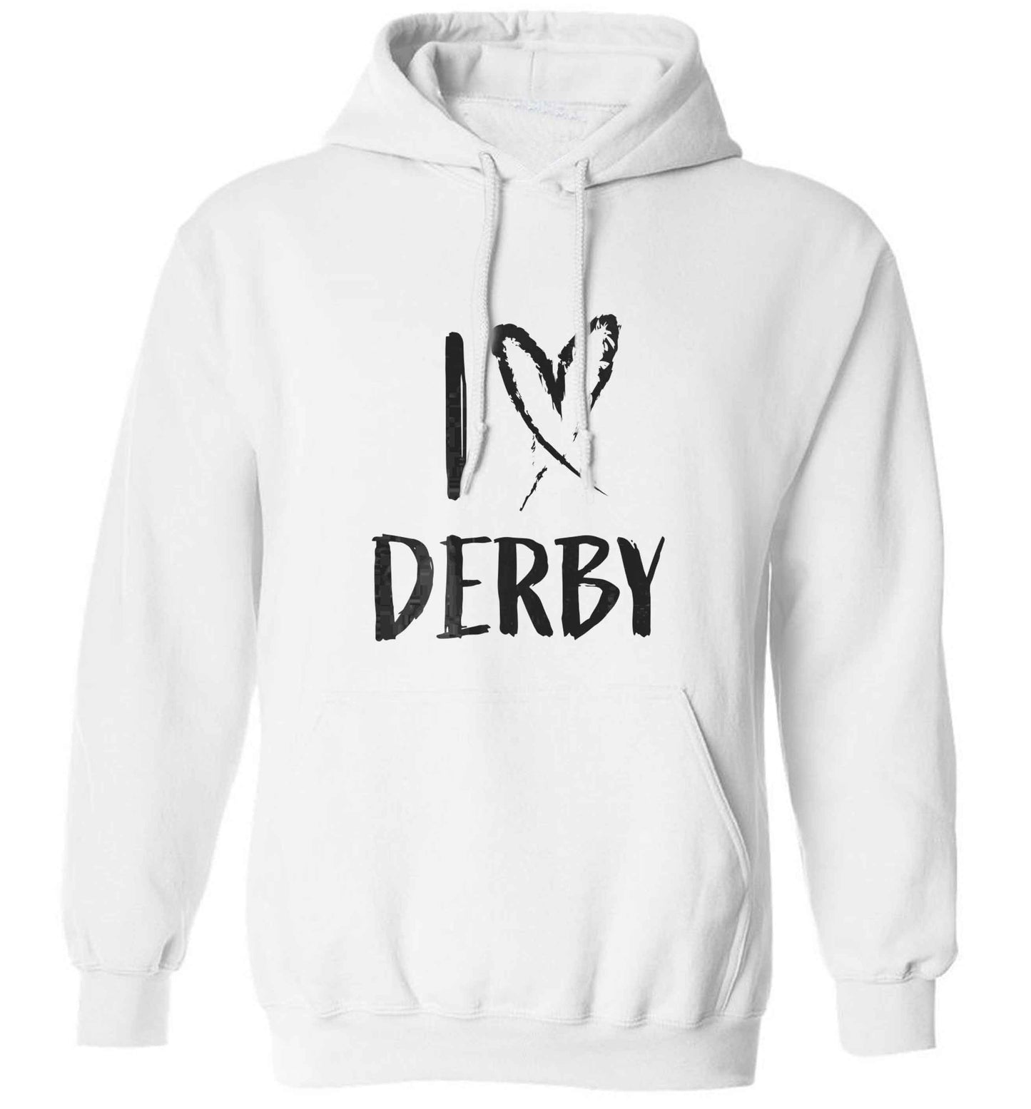 I love Derby adults unisex white hoodie 2XL