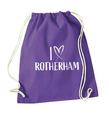 I love Rotherham purple drawstring bag