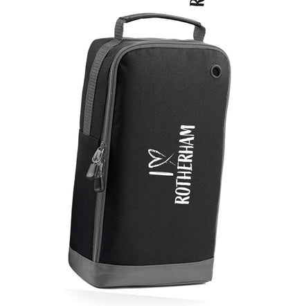 I love Rotherham black sports shoe bag horizontal print