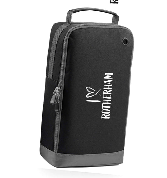 I love Rotherham black sports shoe bag horizontal print