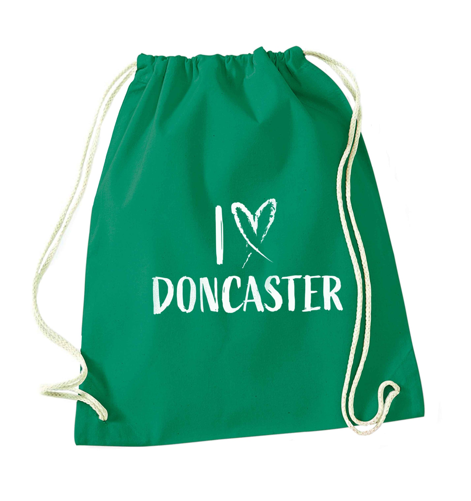 I love Doncaster green drawstring bag