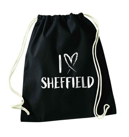 I love Sheffield black drawstring bag