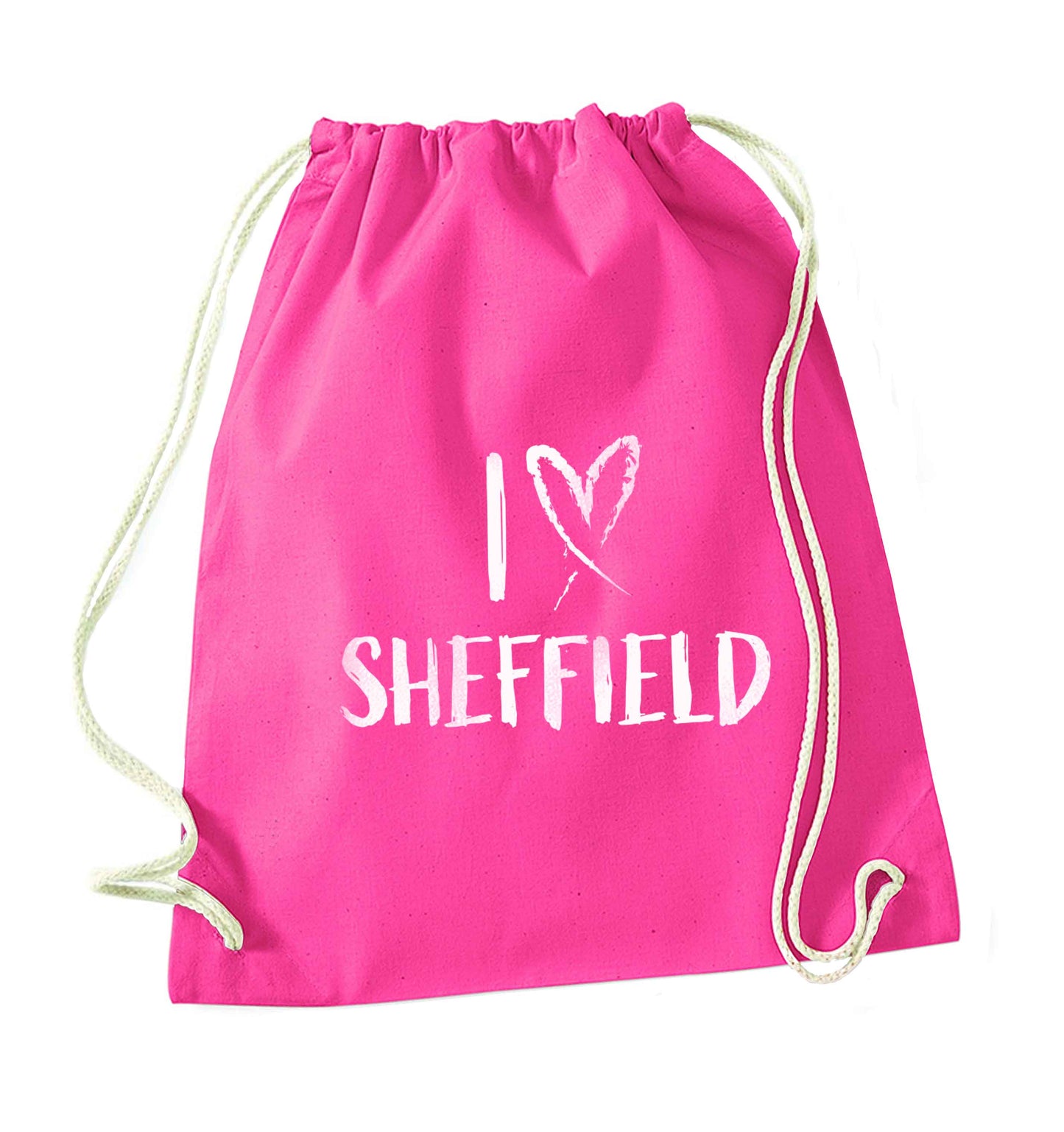 I love Sheffield pink drawstring bag