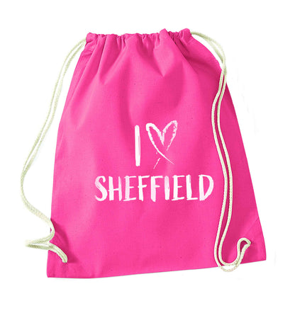 I love Sheffield pink drawstring bag