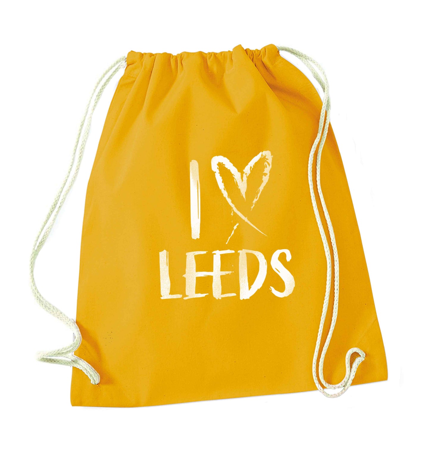I love Leeds mustard drawstring bag