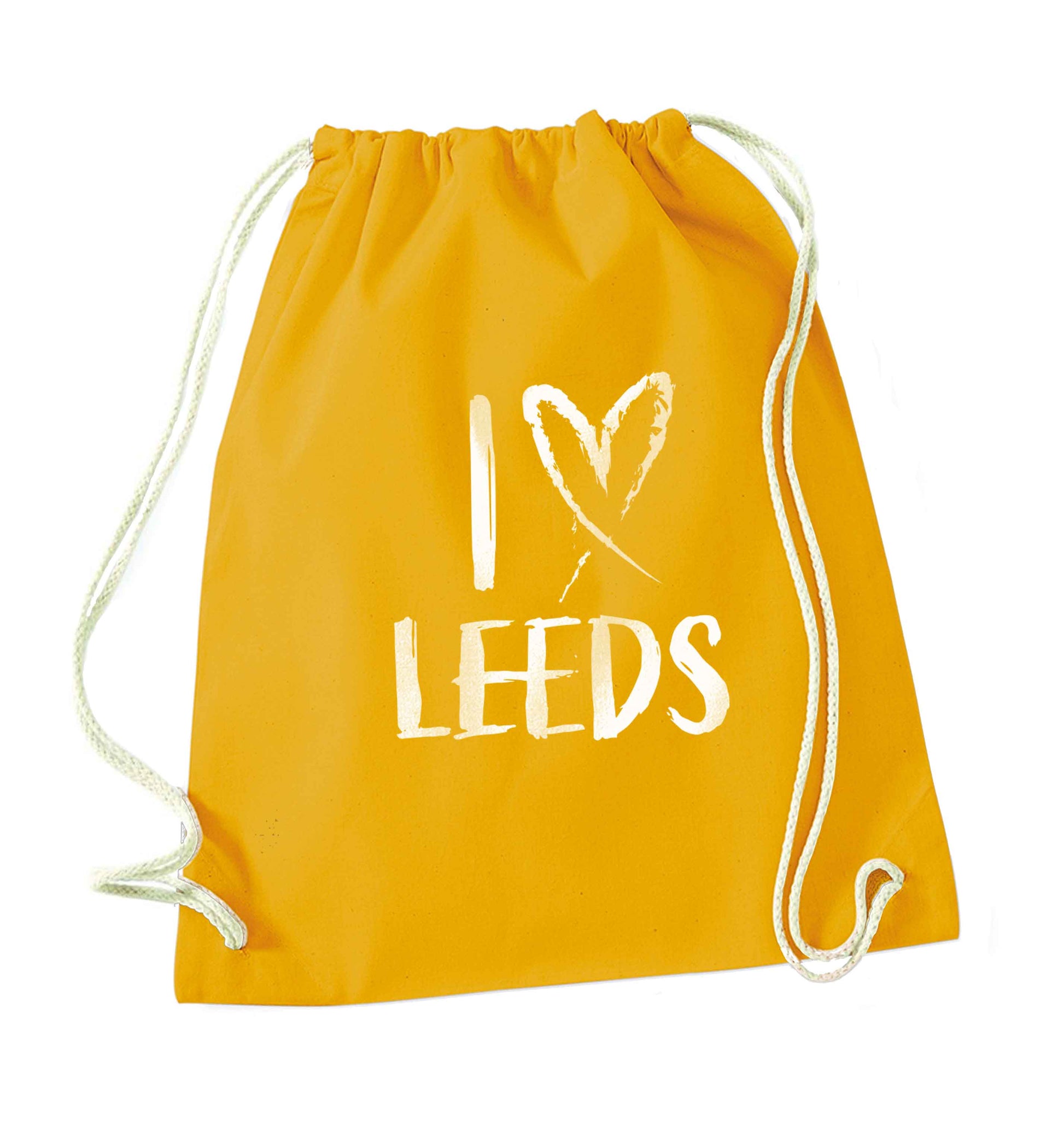 I love Leeds mustard drawstring bag