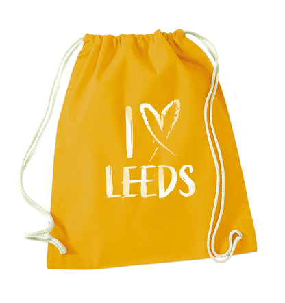 I love Leeds mustard drawstring bag