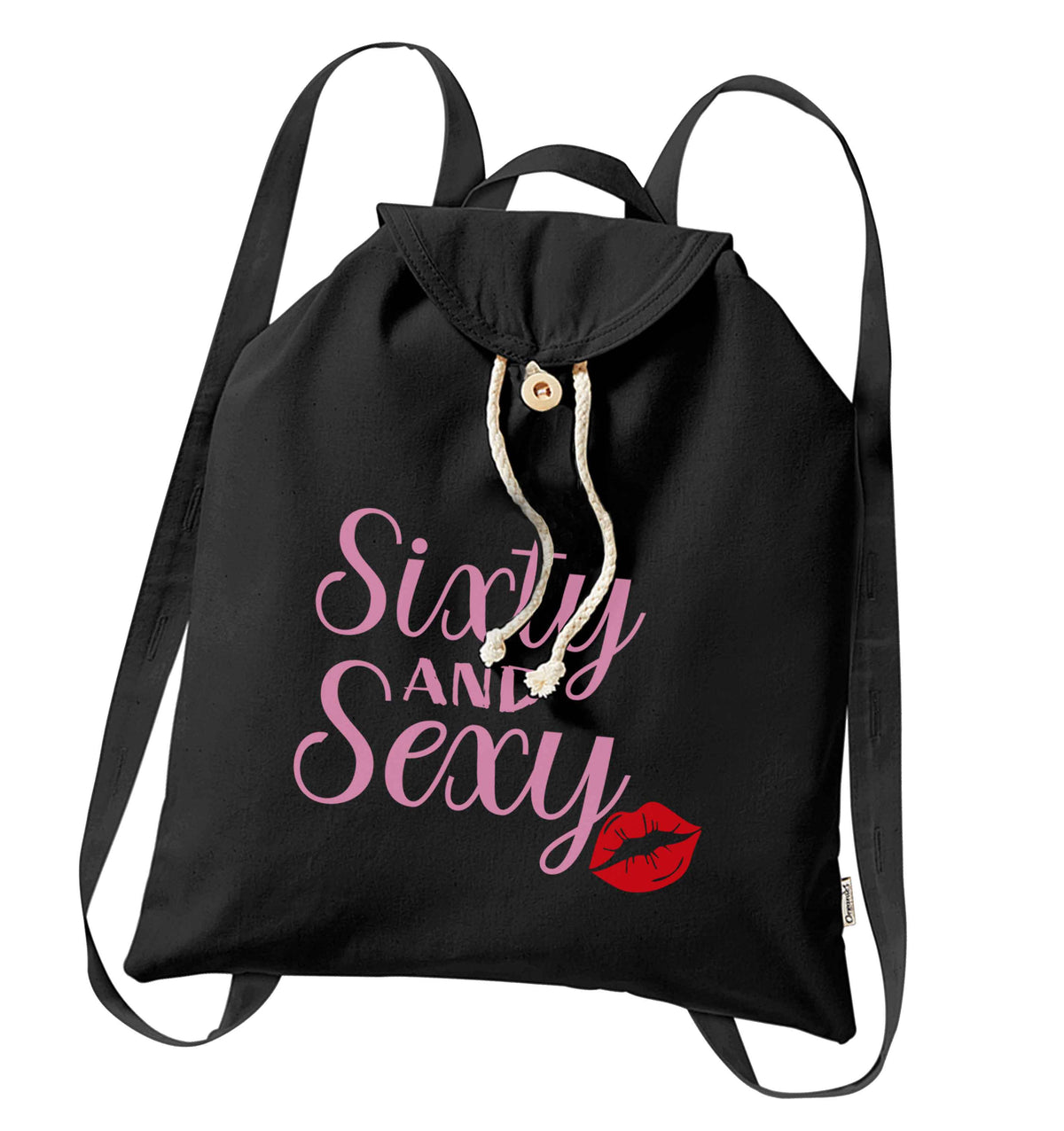 Sixty and sexy organic cotton backpack tote with wooden buttons in black