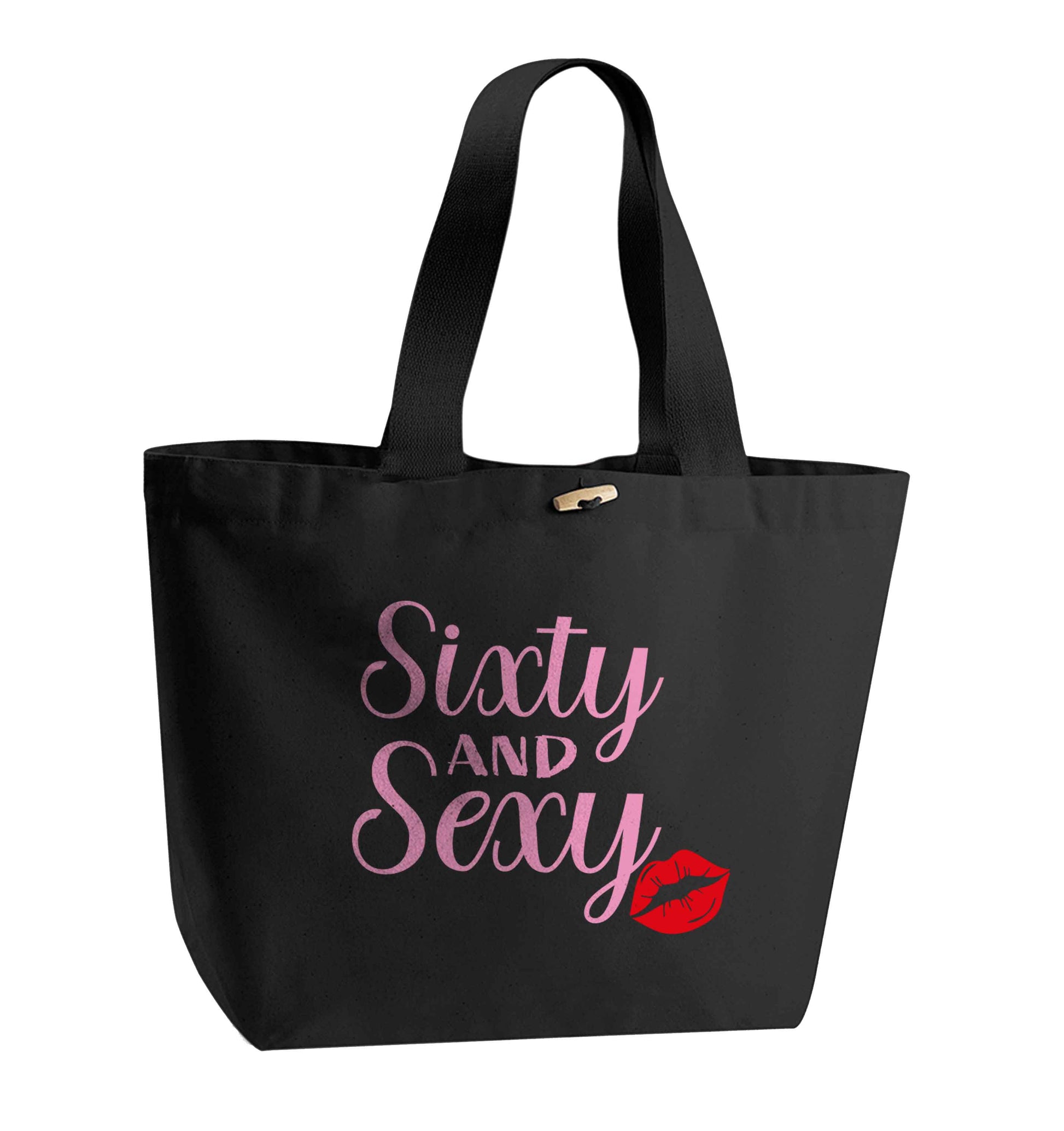 Sixty and sexy organic cotton premium tote bag with wooden toggle in black