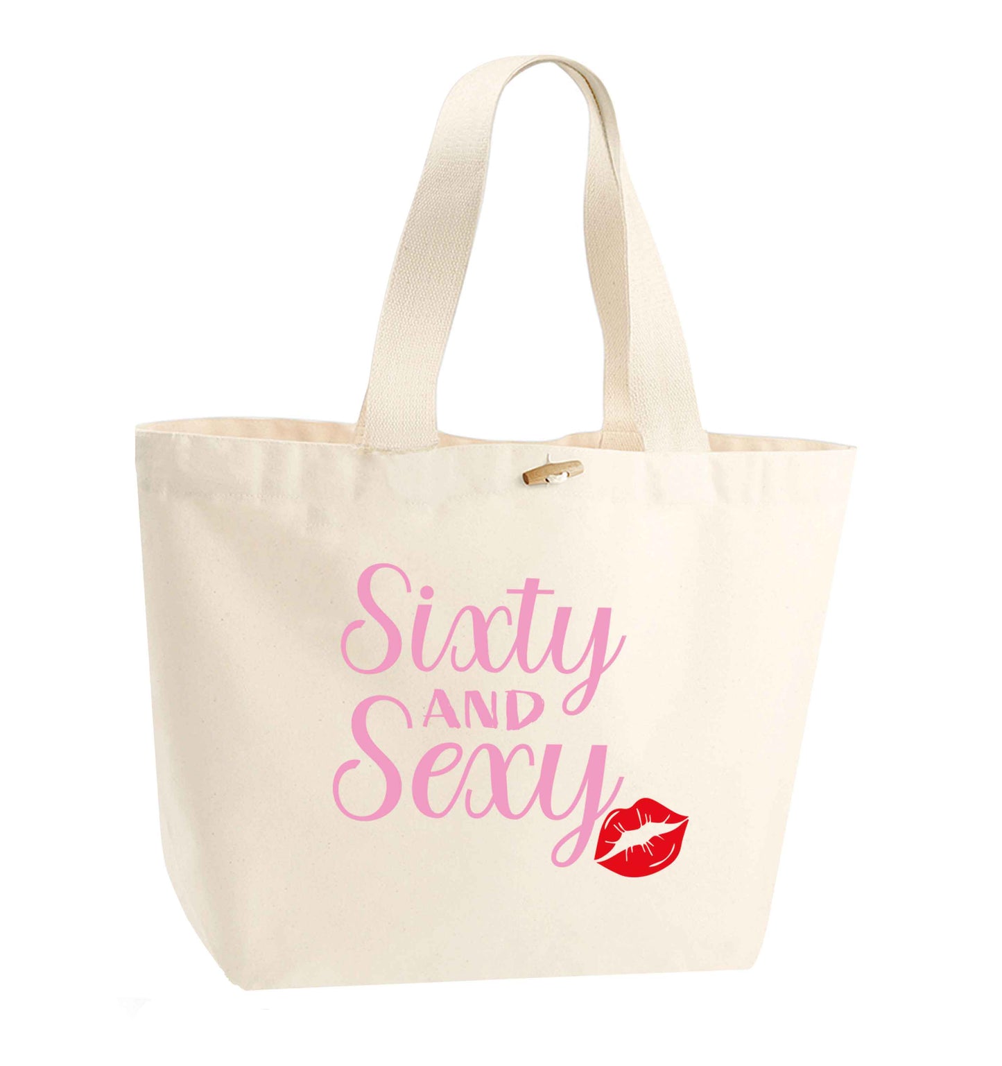 Sixty and sexy organic cotton premium tote bag with wooden toggle in natural