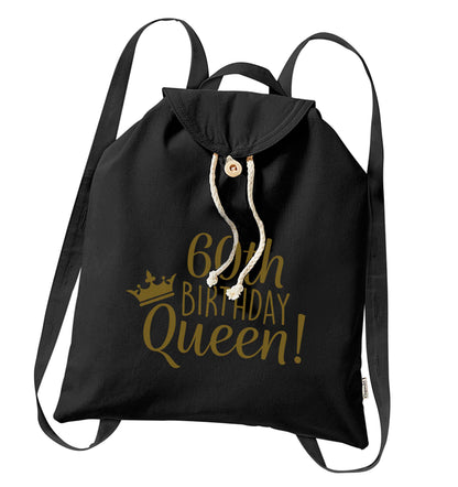60th birthday Queen organic cotton backpack tote with wooden buttons in black