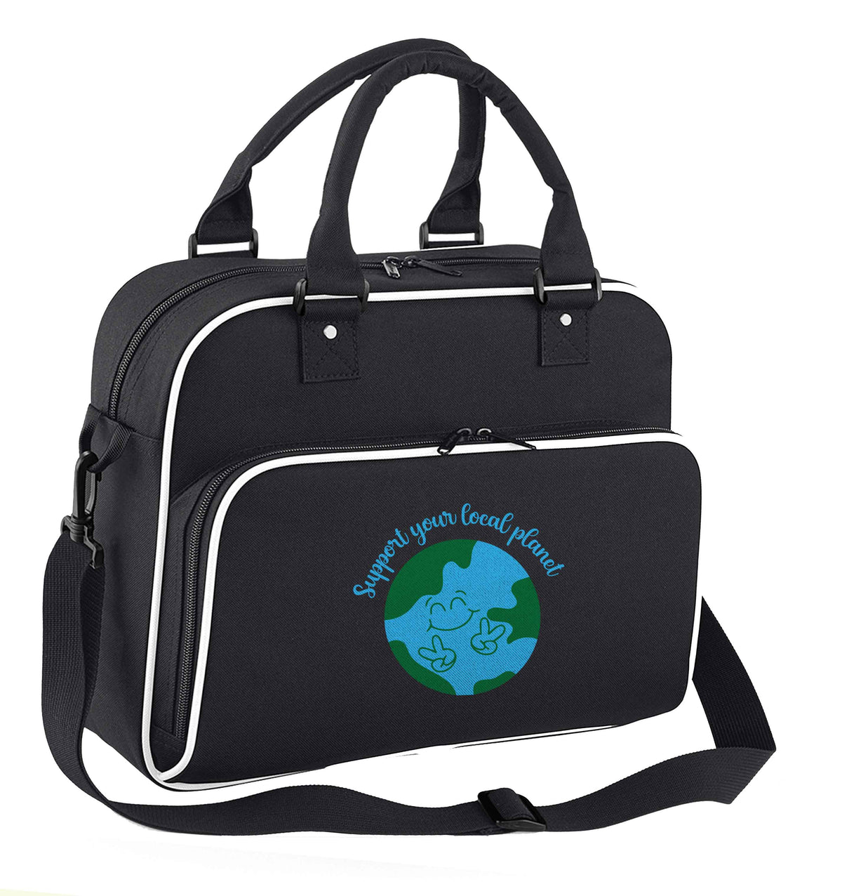 Support your local planet children's dance bag black with white detail