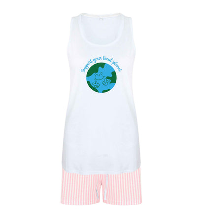 Support your local planet size XL women's pyjama shorts set in pink 