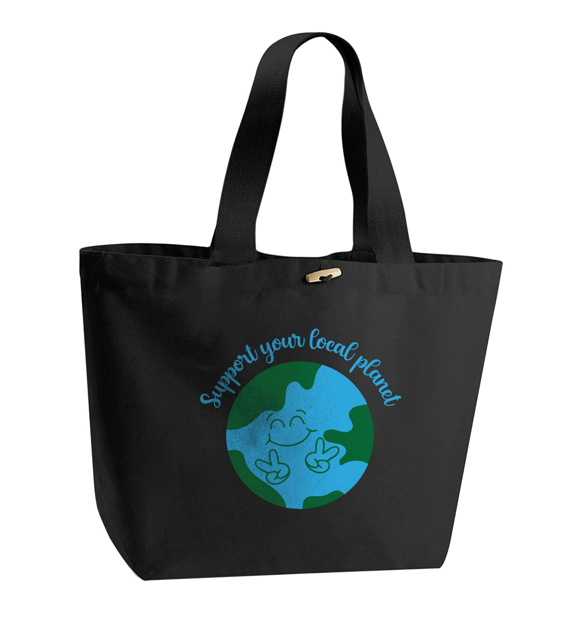 Support your local planet organic cotton premium tote bag with wooden toggle in black
