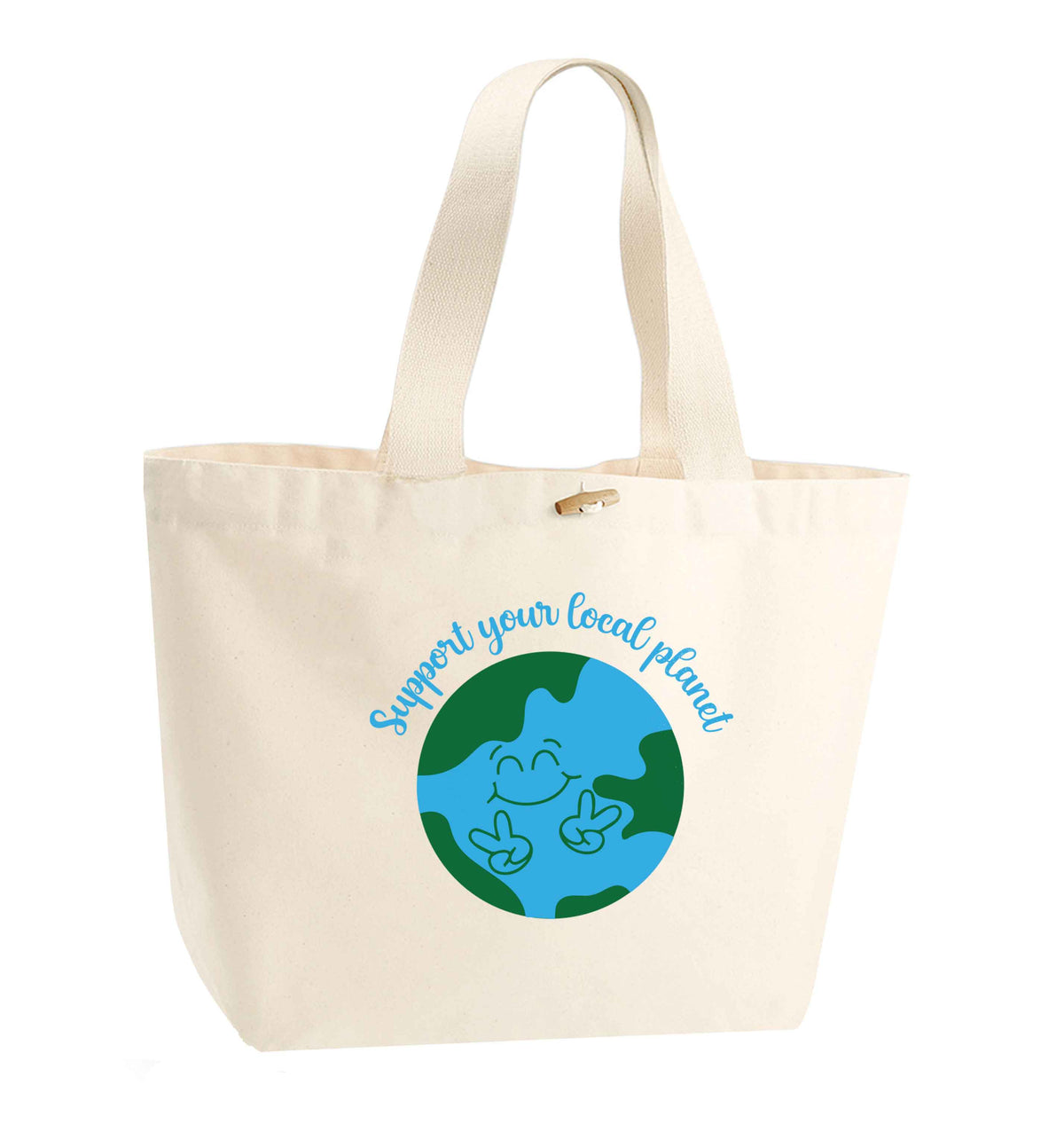 Support your local planet organic cotton premium tote bag with wooden toggle in natural
