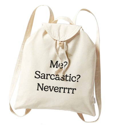 Me? sarcastic? never organic cotton backpack tote with wooden buttons in natural