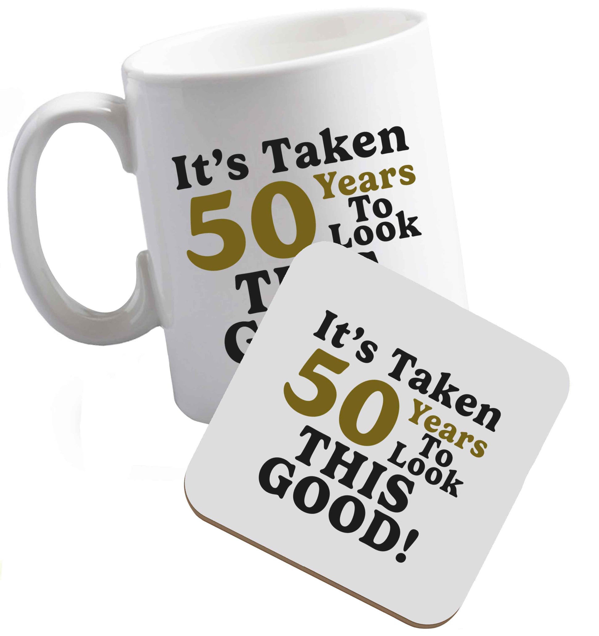 10 oz It's taken 50 years to look this good! ceramic mug and coaster set right handed