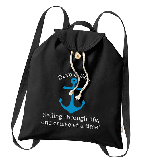 Sailing through life one cruise at a time - personalised organic cotton backpack tote with wooden buttons in black