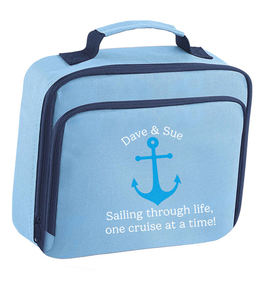 Sailing through life one cruise at a time - personalised insulated blue lunch bag cooler