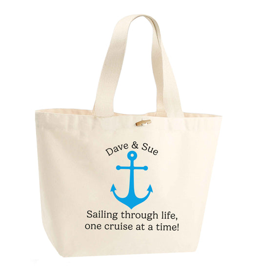Sailing through life one cruise at a time - personalised organic cotton premium tote bag with wooden toggle in natural