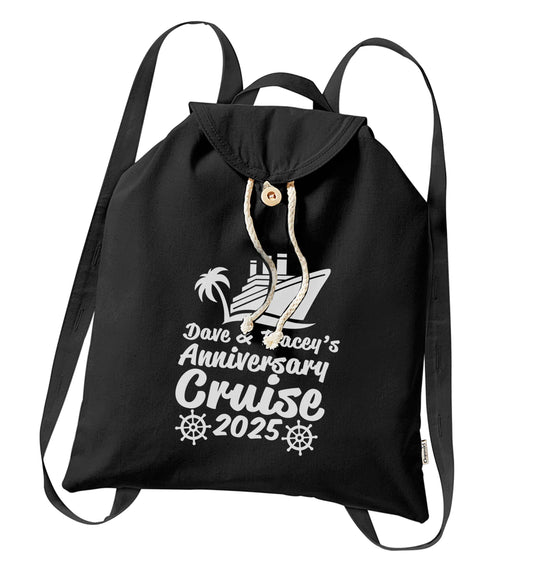 Personalised anniversary cruise organic cotton backpack tote with wooden buttons in black