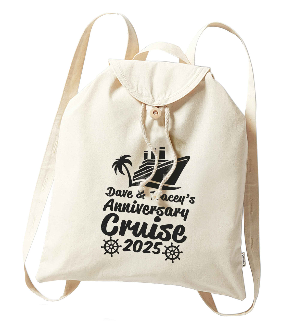 Personalised anniversary cruise organic cotton backpack tote with wooden buttons in natural