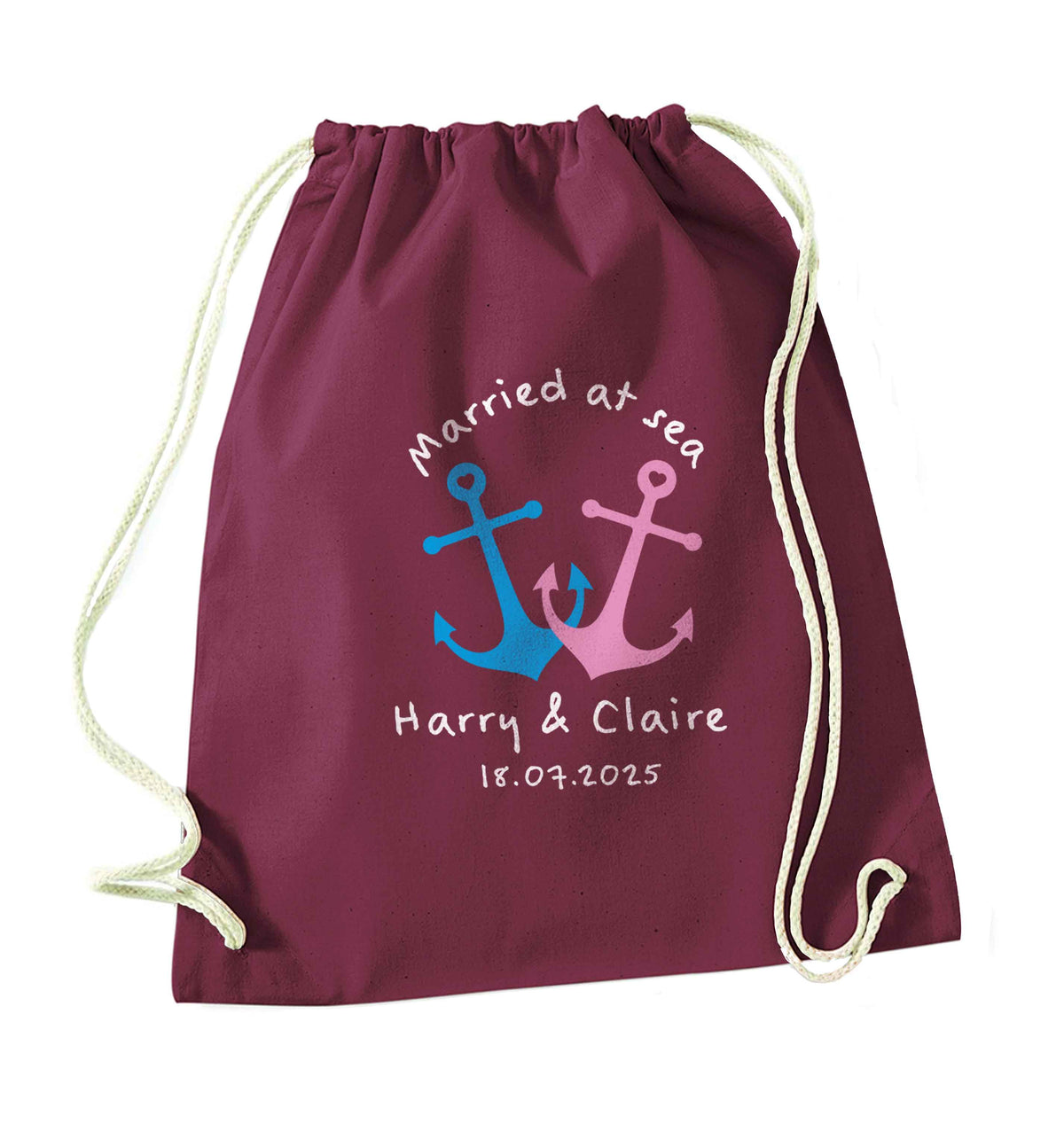 Personalised anniversary cruise maroon drawstring bag